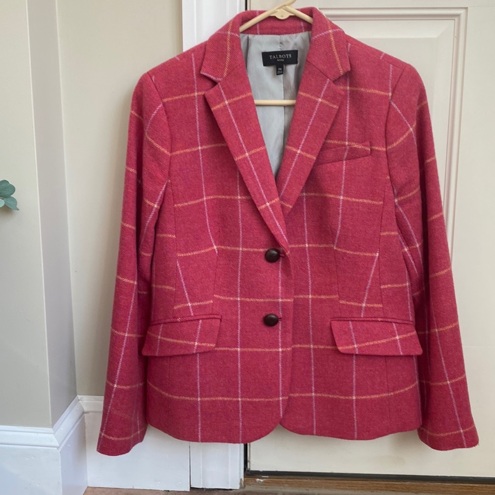Talbots Equestrian wool blend blazer pink windowpane plaid size 14P